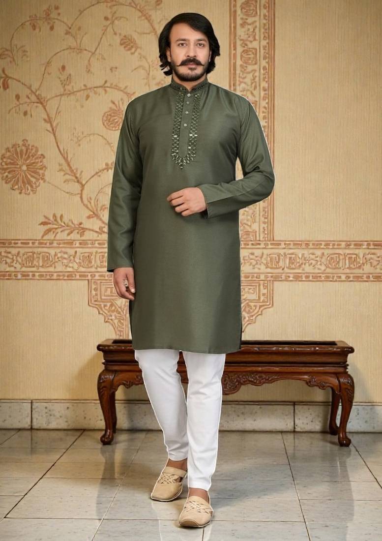 mahendi  mirror work  men's silk kurta 