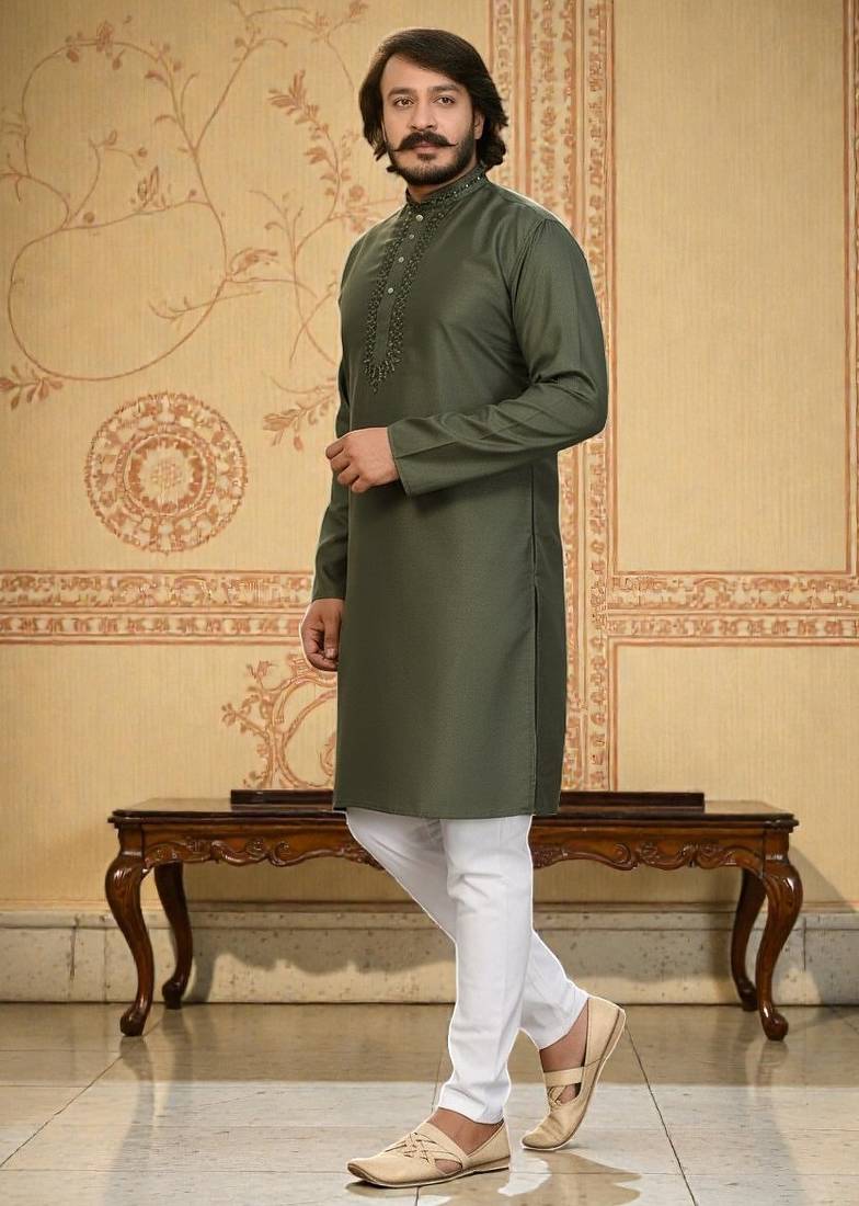 mahendi  mirror work  men's silk kurta 