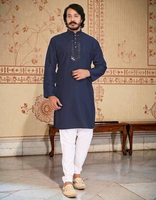 navy blue  mirror work  men's silk kurta  1