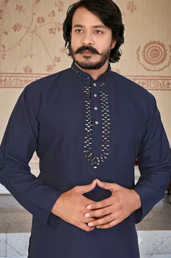 navy blue  mirror work  men's silk kurta 