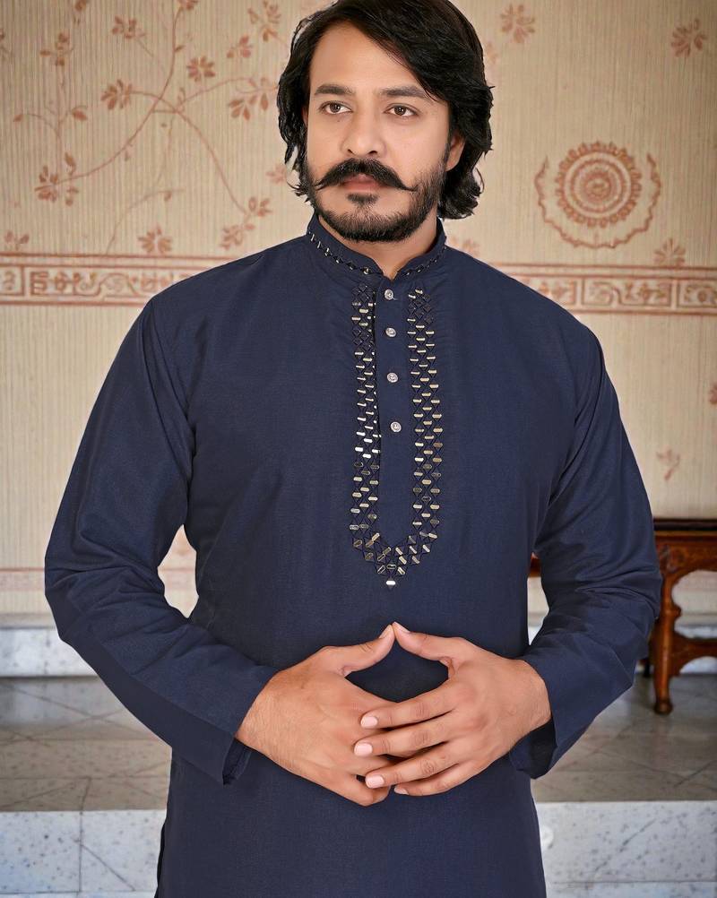 navy blue  mirror work  men's silk kurta 