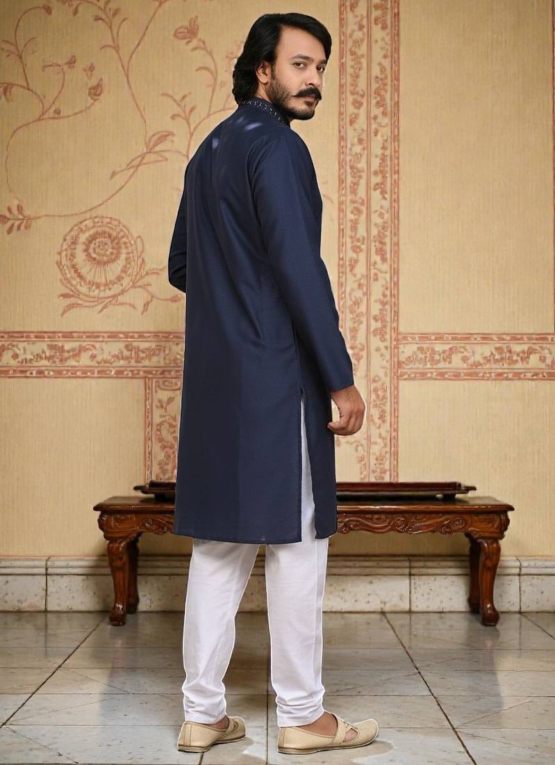navy blue  mirror work  men's silk kurta 
