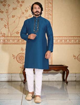   mirror work  men's silk kurta  1