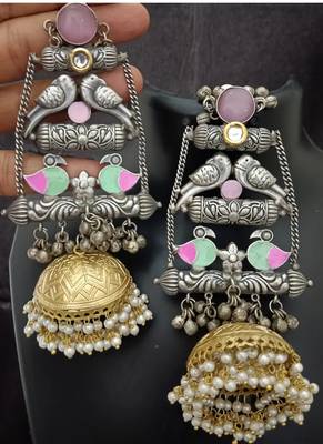 Pink moissanite stones kashmiri brass ghungroo exclusive earrings set 1