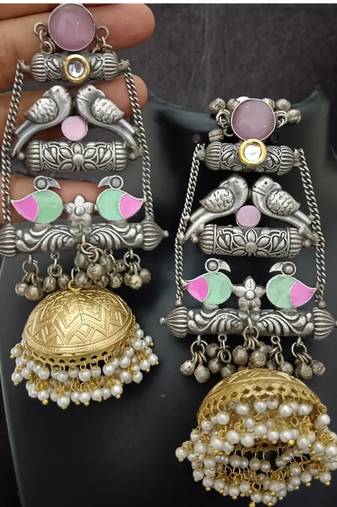 Pink moissanite stones kashmiri brass ghungroo exclusive earrings set