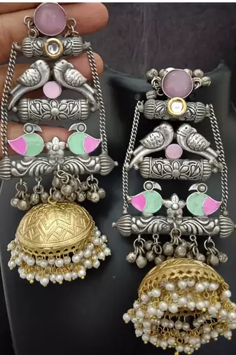 Pink moissanite stones kashmiri brass ghungroo exclusive earrings set