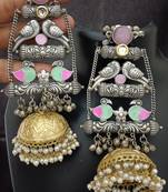Pink moissanite stones kashmiri brass ghungroo exclusive earrings set