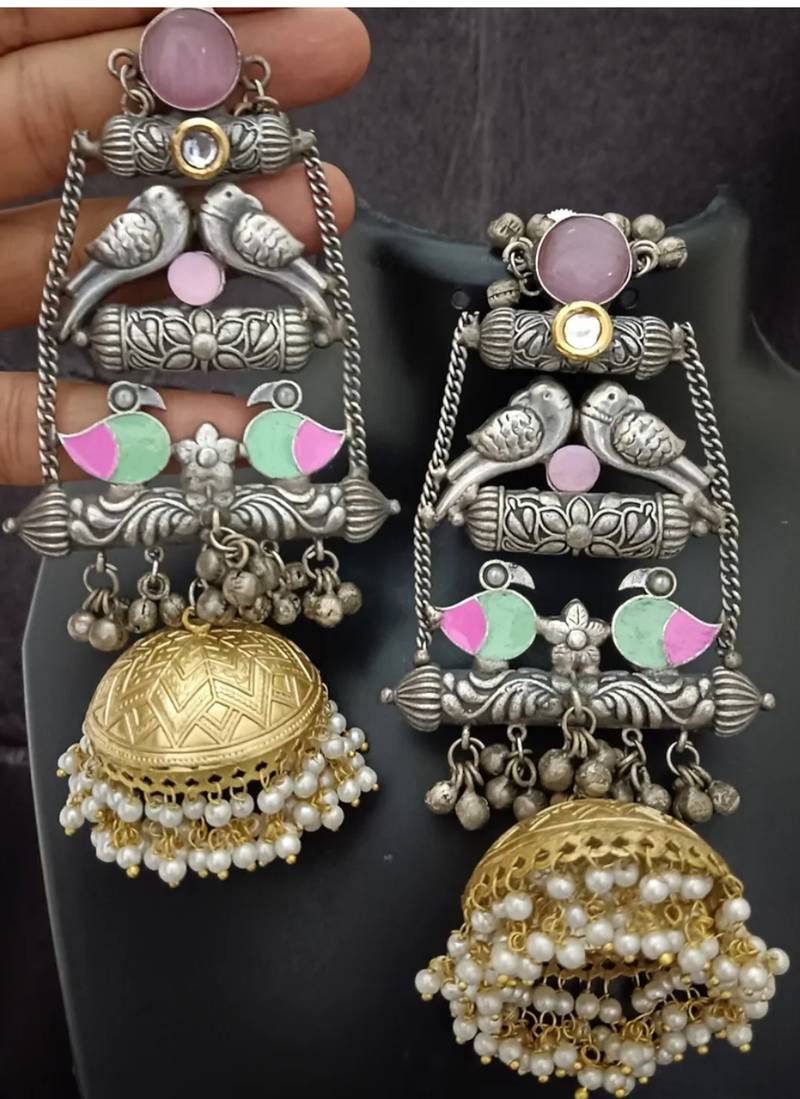 Pink moissanite stones kashmiri brass ghungroo exclusive earrings set