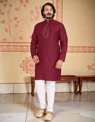 red  mirror work  men's silk kurta  1
