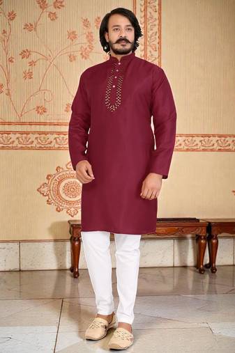 red  mirror work  men's silk kurta 