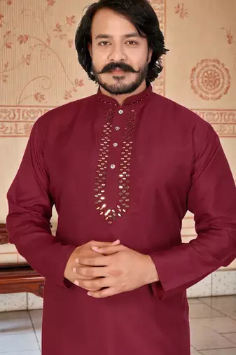red  mirror work  men's silk kurta 