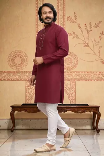 red  mirror work  men's silk kurta 