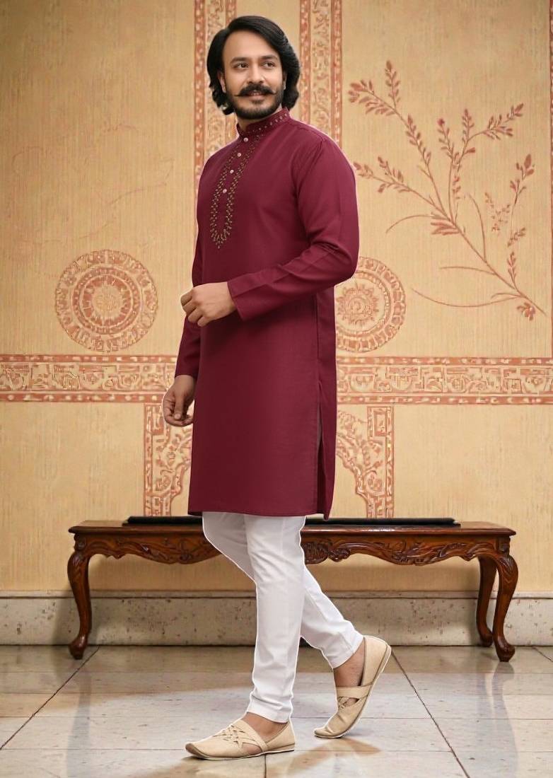 red  mirror work  men's silk kurta 