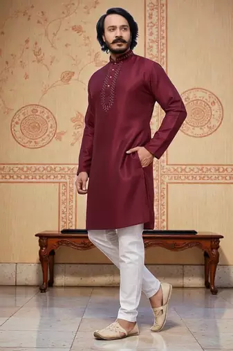 red  mirror work  men's silk kurta 