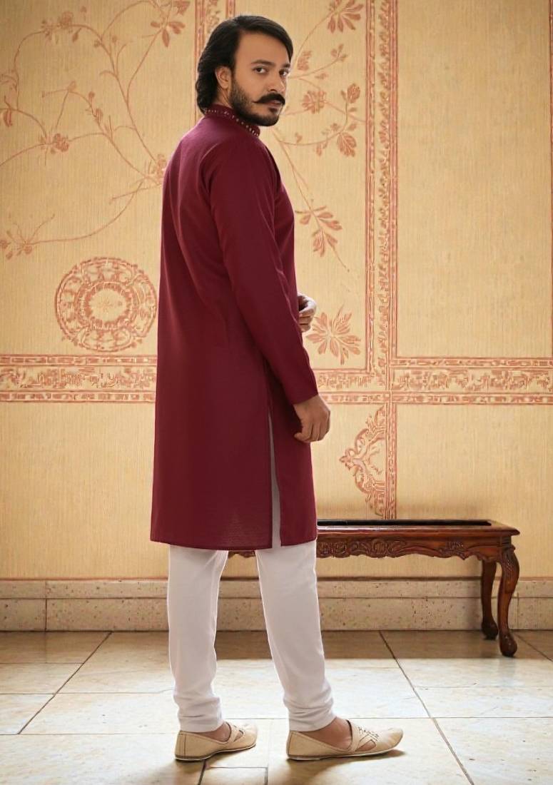 red  mirror work  men's silk kurta 