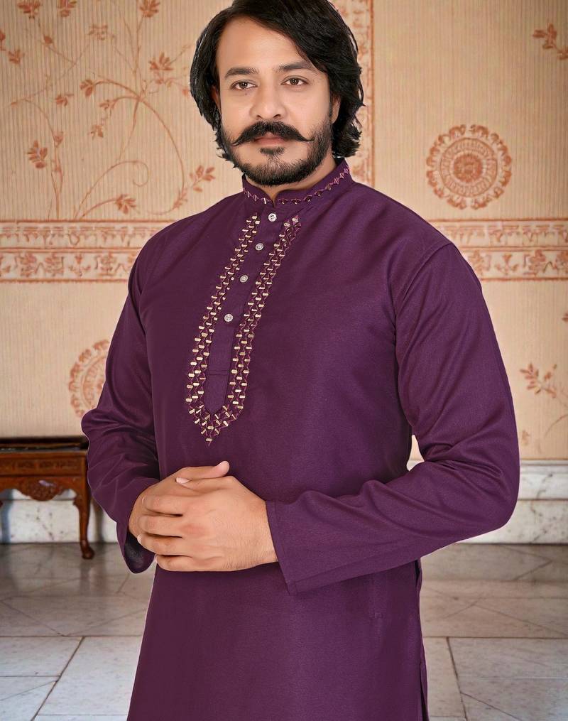 wine  mirror work  men's silk kurta 