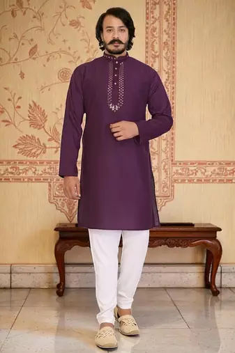 wine  mirror work  men's silk kurta 