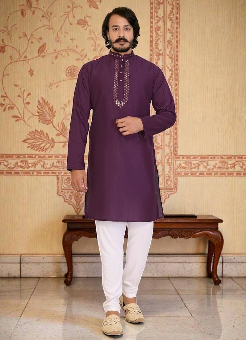 wine  mirror work  men's silk kurta 