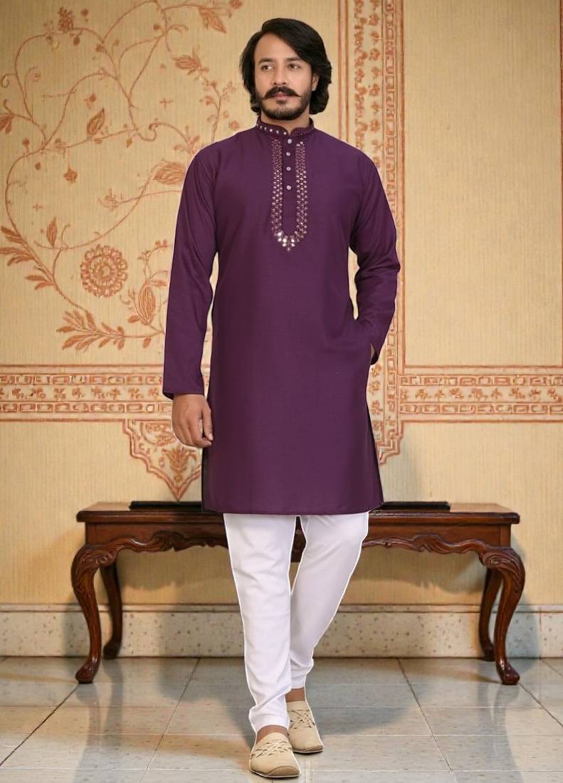 wine  mirror work  men's silk kurta 