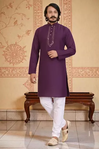 wine  mirror work  men's silk kurta 