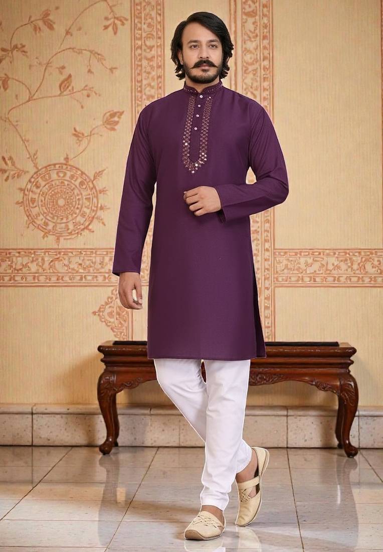 wine  mirror work  men's silk kurta 
