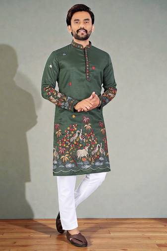  green embroidered  men's silk kurta 
