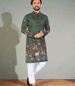  green embroidered  men's silk kurta 