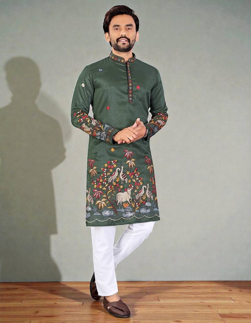  green embroidered  men's silk kurta 