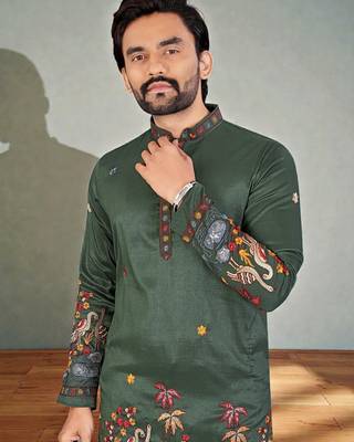  green embroidered  men's silk kurta  2