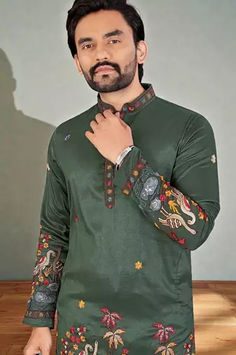  green embroidered  men's silk kurta 
