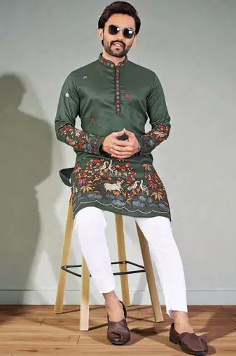  green embroidered  men's silk kurta 