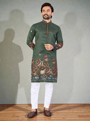 green embroidered  men's silk kurta  4
