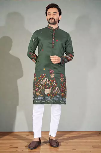  green embroidered  men's silk kurta 