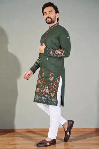  green embroidered  men's silk kurta 