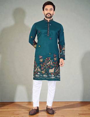   blue embroidered  men's silk kurta  1