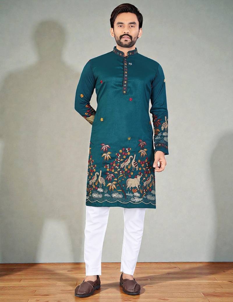   blue embroidered  men's silk kurta 