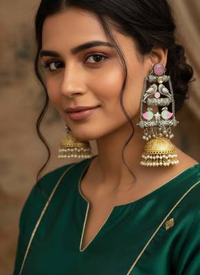 Pink moissanite stones kashmiri brass ghungroo exclusive earrings set 2