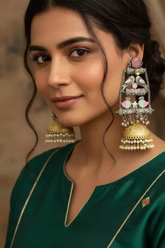 Pink moissanite stones kashmiri brass ghungroo exclusive earrings set