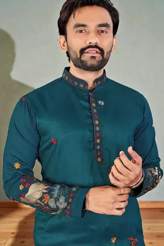   blue embroidered  men's silk kurta 