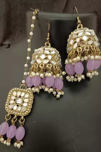 Purple pearls mirror earrings tikka set