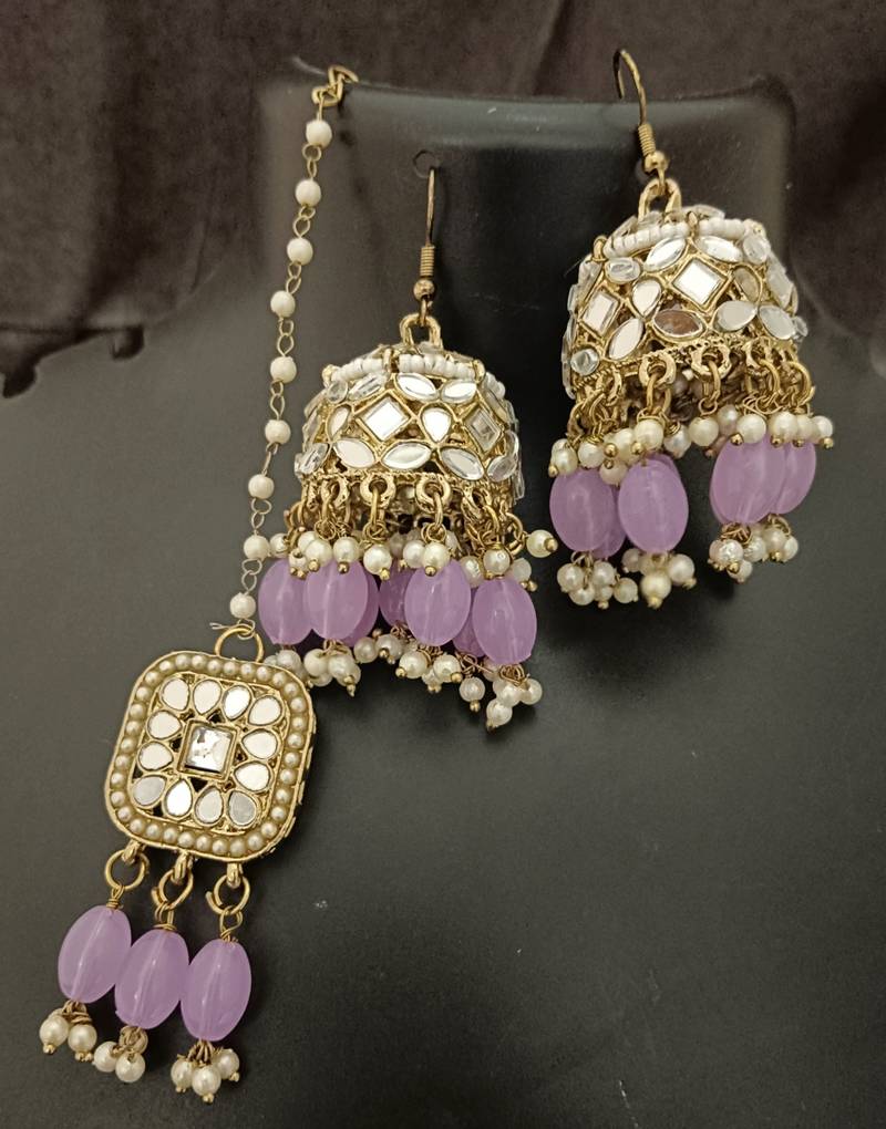 Purple pearls mirror earrings tikka set