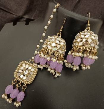 Purple pearls mirror earrings tikka set 2