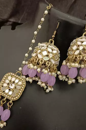 Purple pearls mirror earrings tikka set