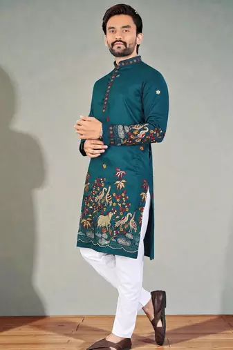   blue embroidered  men's silk kurta 