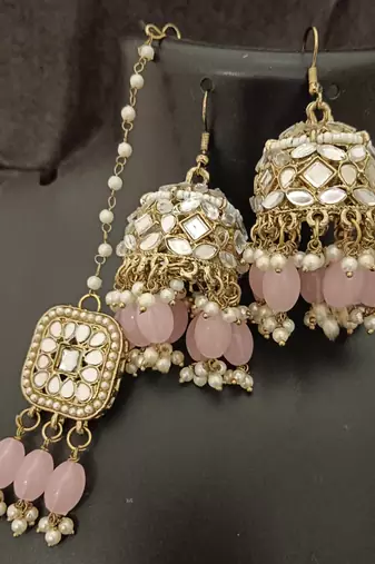 Pink pearls mirror earrings tikka set
