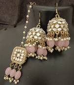 Pink pearls mirror earrings tikka set