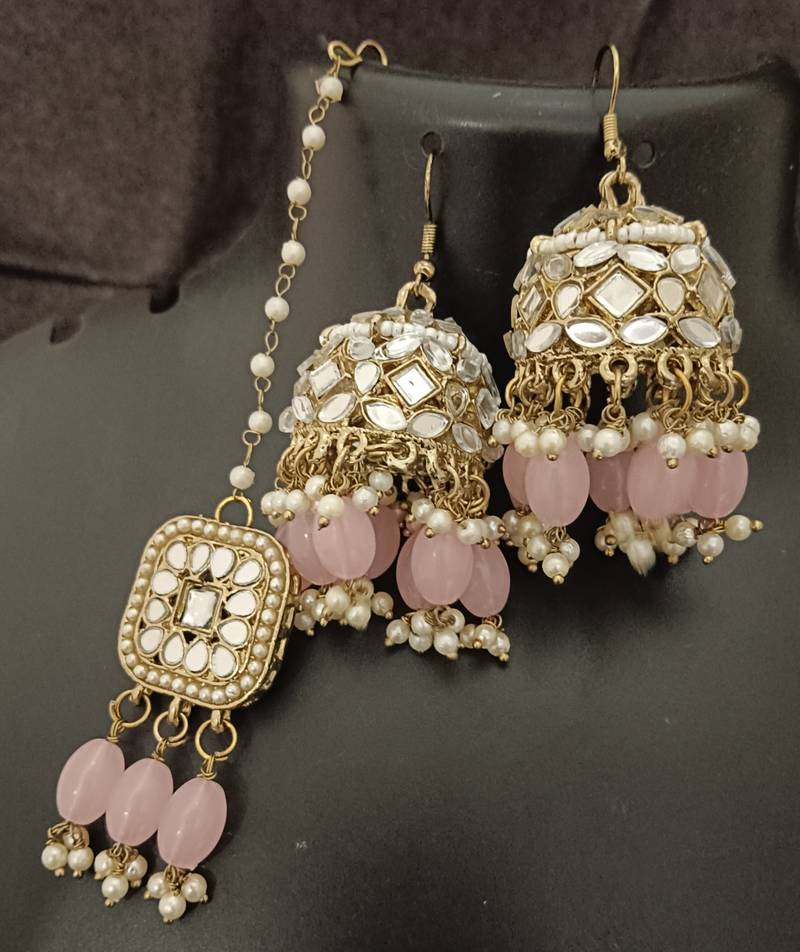 Pink pearls mirror earrings tikka set