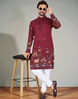  red embroidered  men's silk kurta  1