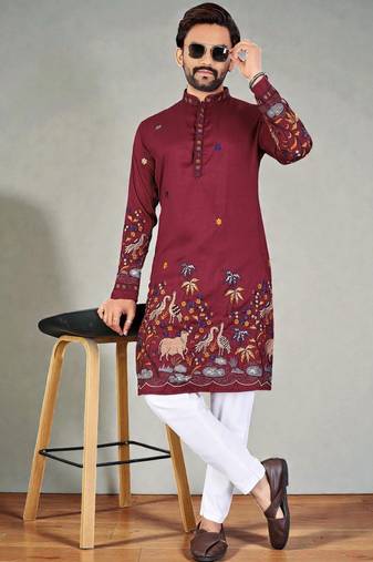  red embroidered  men's silk kurta 
