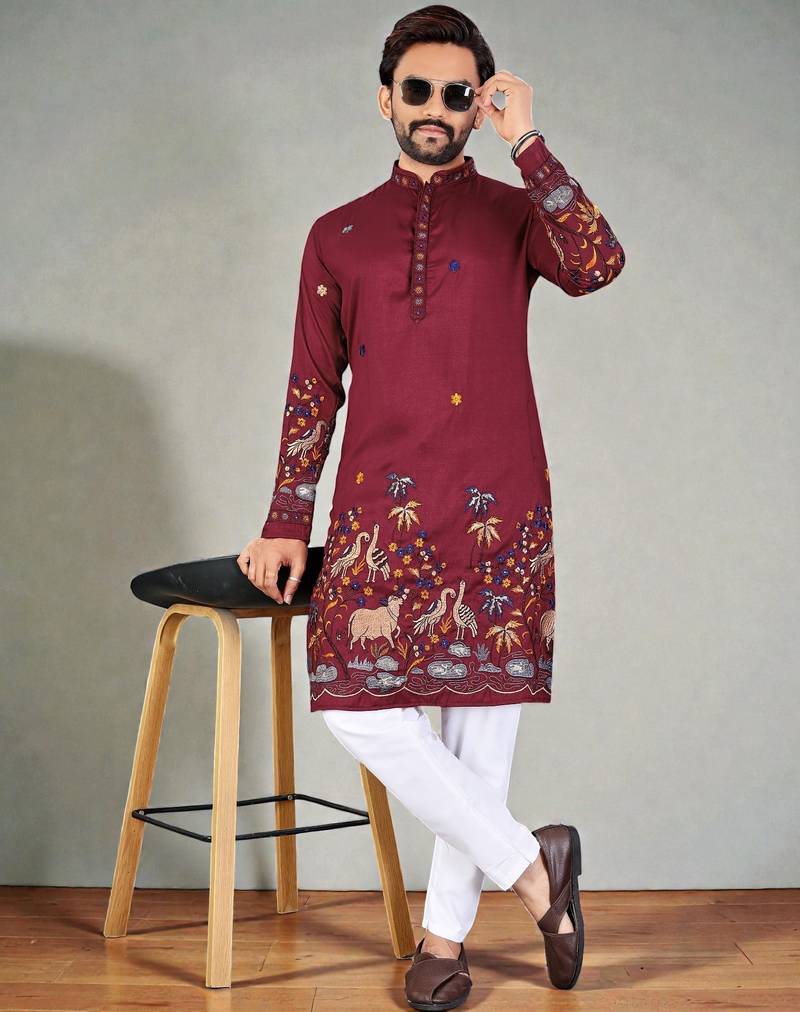  red embroidered  men's silk kurta 